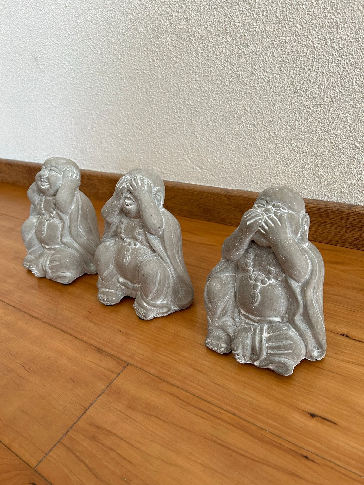 Set van 3 Boeddhabeeldjes: Horen, Zien, Zwijgen, Ophalen, 15 cm, Steen/keramiek, Nieuw