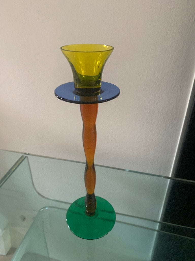 Kandelaar mondgeblazen gekleurd glas vintage, Huis en Inrichting, Meerkleurig, Ophalen of Verzenden, Kandelaar, 25 cm