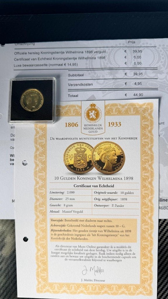 Vergulde 10 Gulden Koningin Wilhelmina 1898 Herslag, Koningin Wilhelmina, Losse munt, 10 gulden, Goud