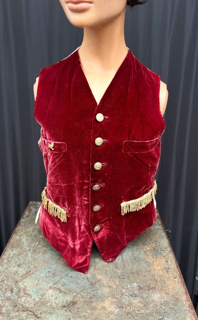 Antiek rood fluwelen gilet, versierd gouden franjes knopen, Ophalen of Verzenden