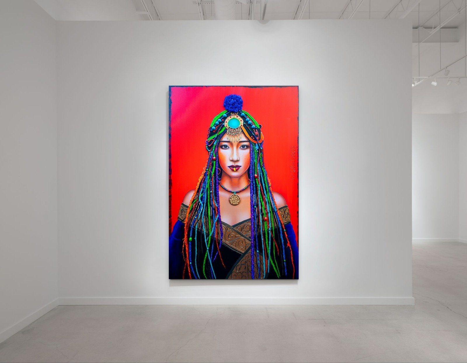 Uniek 100% Handgeschilderd Schilderij Tibetaanse Dame, Antiek en Kunst, Ophalen of Verzenden