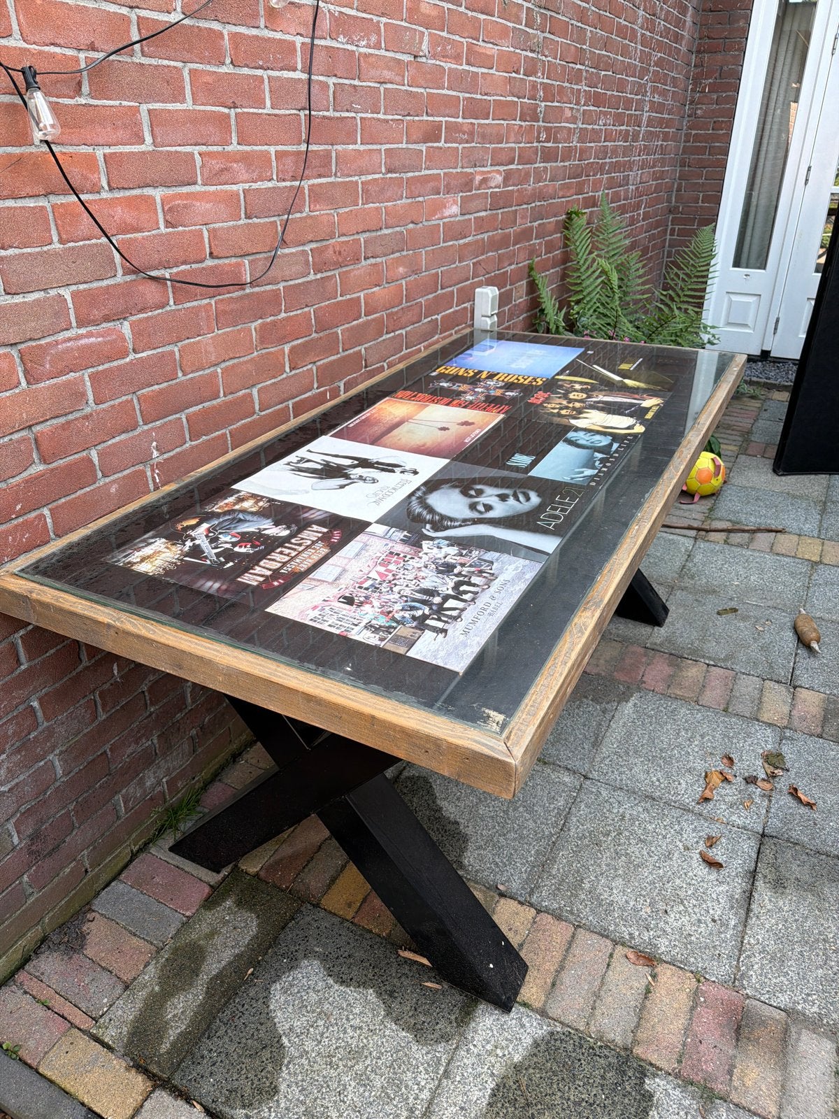 Tafel met glasplaat en albumhoezen - opknapper, Ophalen, Gebruikt, 100 tot 150 cm, 50 tot 100 cm