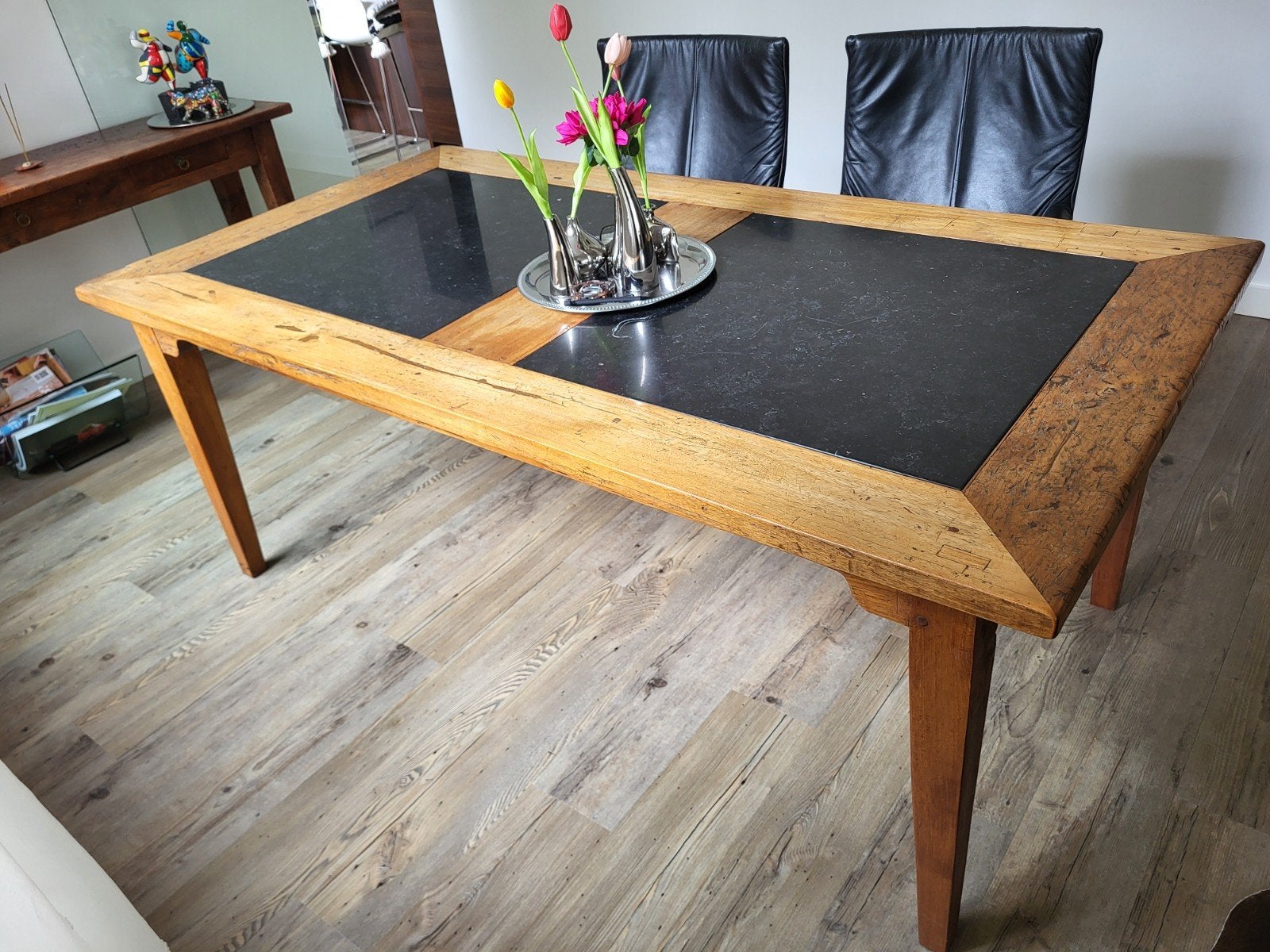 Stevige Teakhouten Eettafel met Hardstenen Blad, Ophalen, Gebruikt, Overige materialen, Vier personen