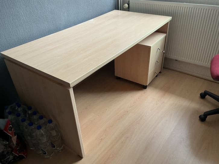 Licht eiken bureau met los ladenblok op wielen, Ophalen, Overige typen, Gebruikt, Beige