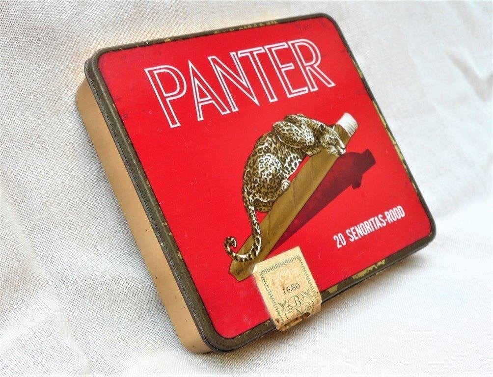 Blik - leeg. Panter senoritas, 20 stuks. Schuppen Veenendaal, Ophalen of Verzenden, Gebruikt, Tabaksdoos of Verpakking
