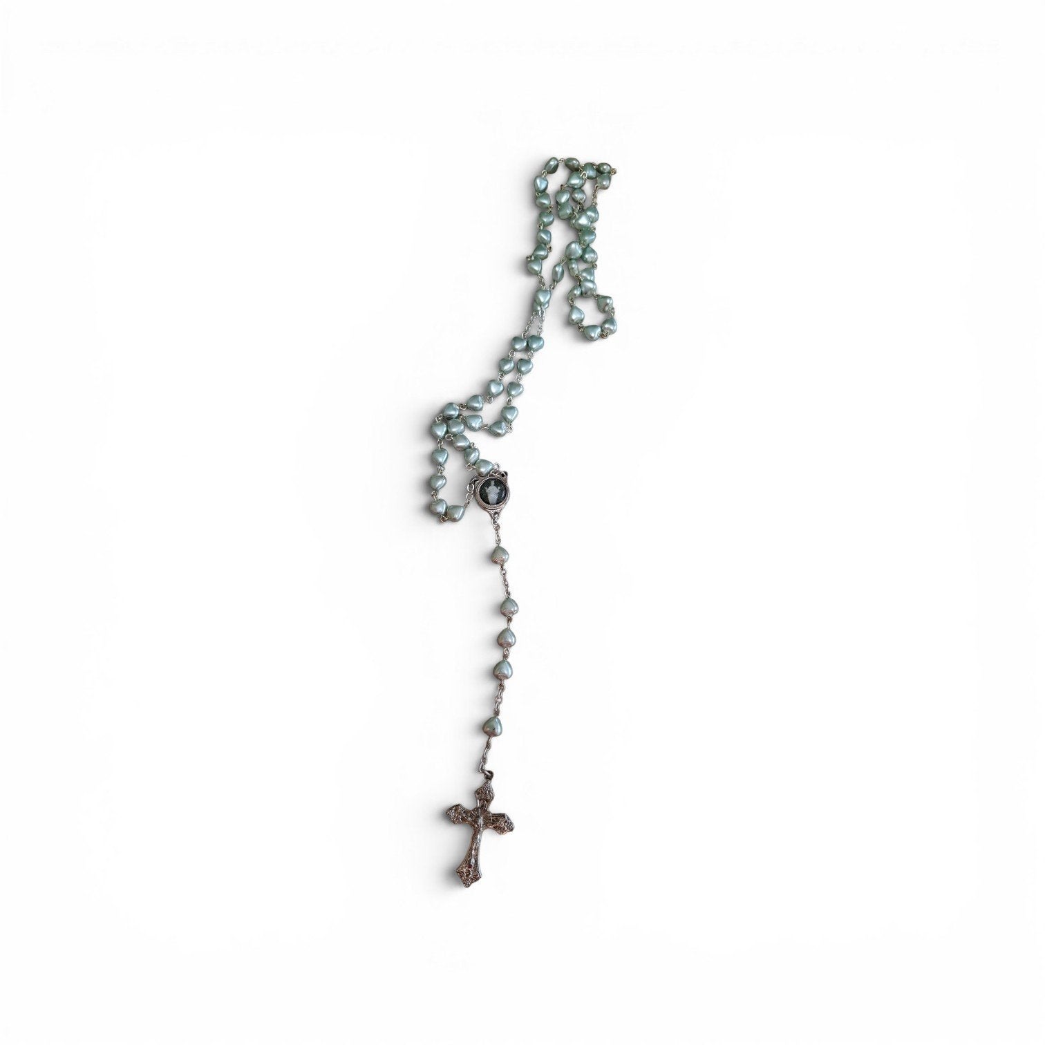 Vintage Religieuze Rozenkrans met Blauwe Hartjes en Rozen, Ophalen of Verzenden