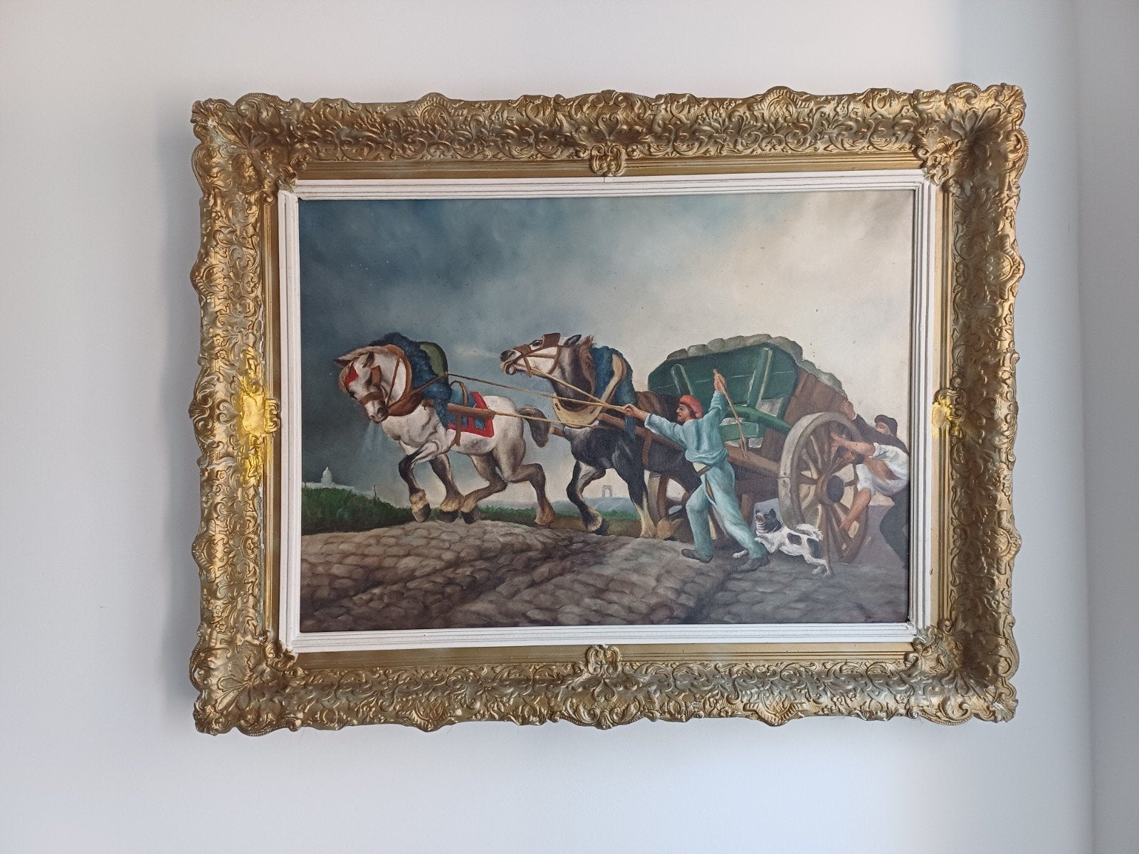 Klassiek schilderij: Paarden trekken kar met figuren, Doek, Ophalen of Verzenden, Olieverf, Klassiek