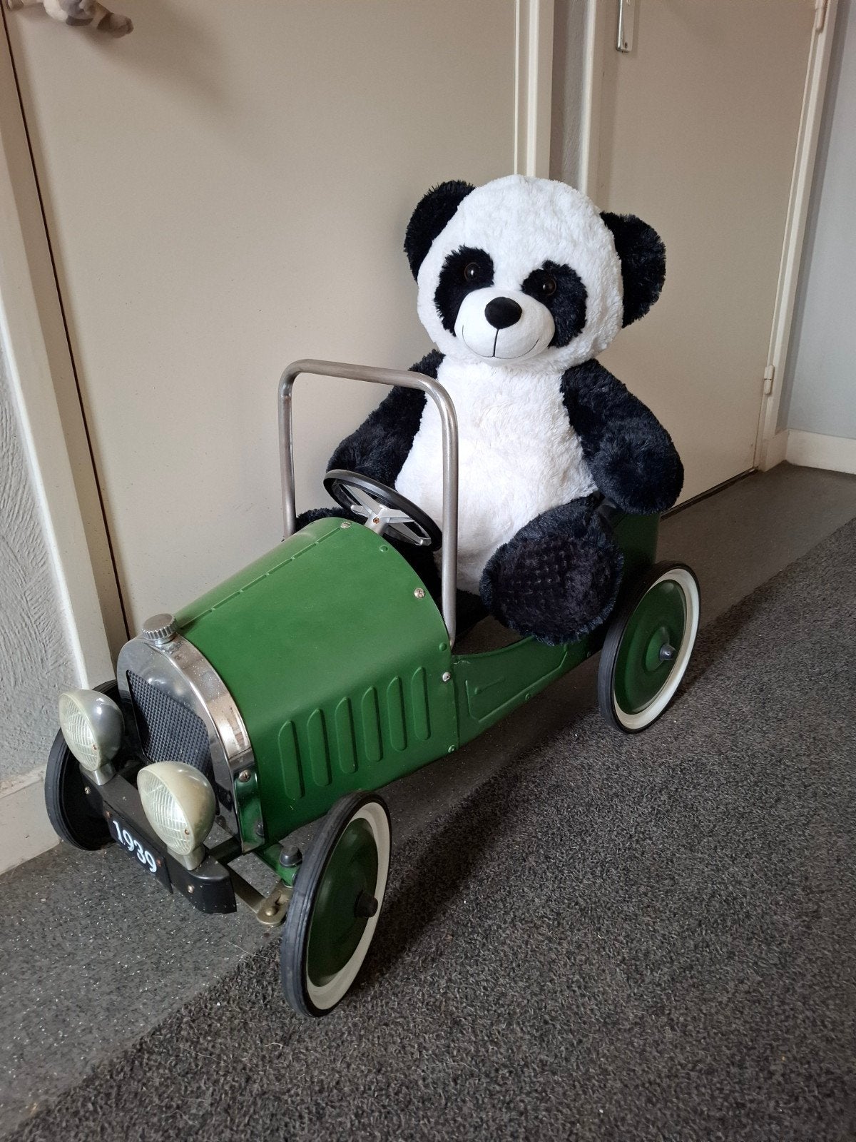 Vintage Groene Trapauto met Panda Knuffel - Bieden, Ophalen of Verzenden, Gebruikt