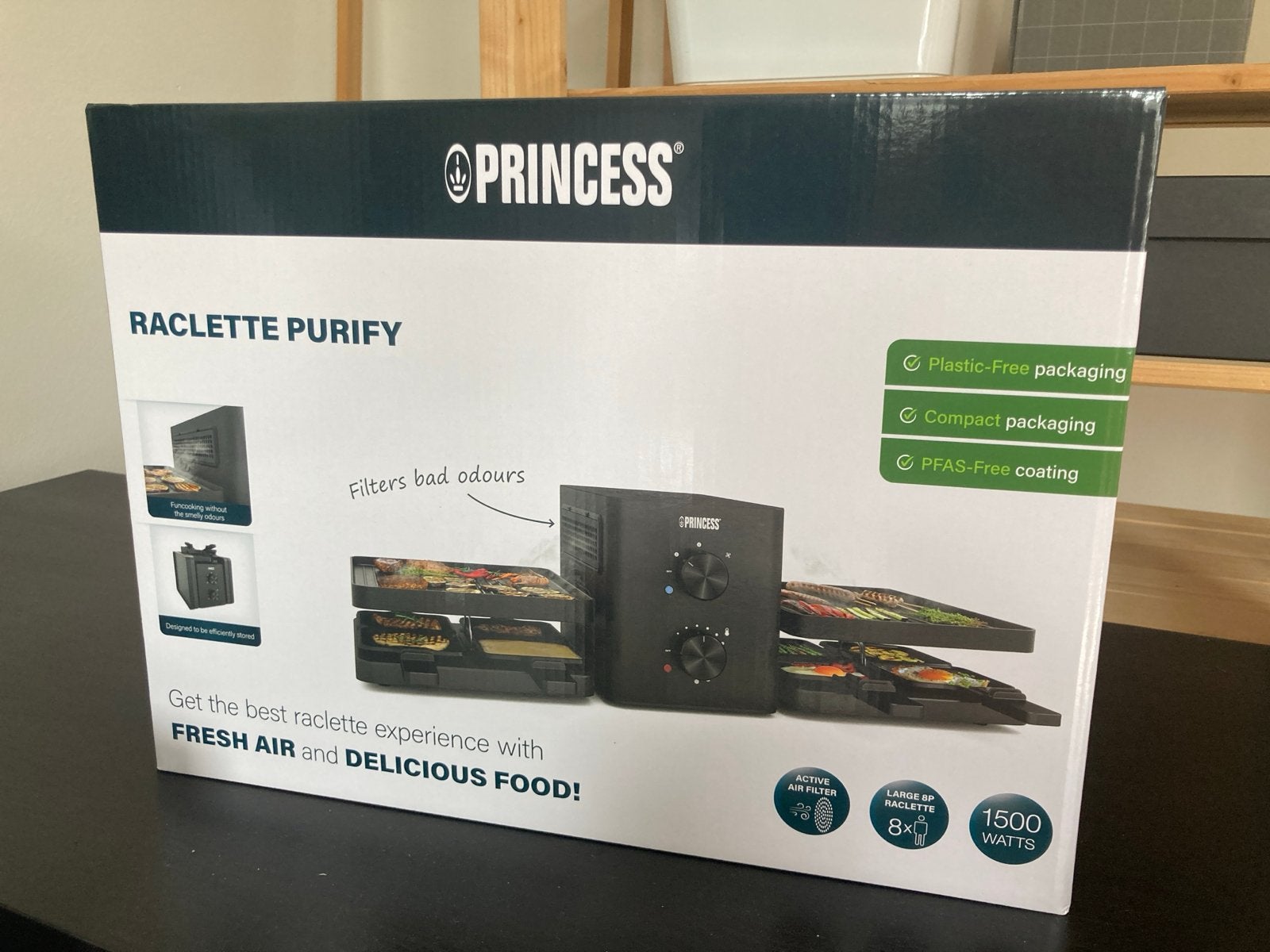 Princess Raclette Purify - 8 personen, 1500W, geurfilter, Ophalen of Verzenden, Nieuw, 8 personen of meer