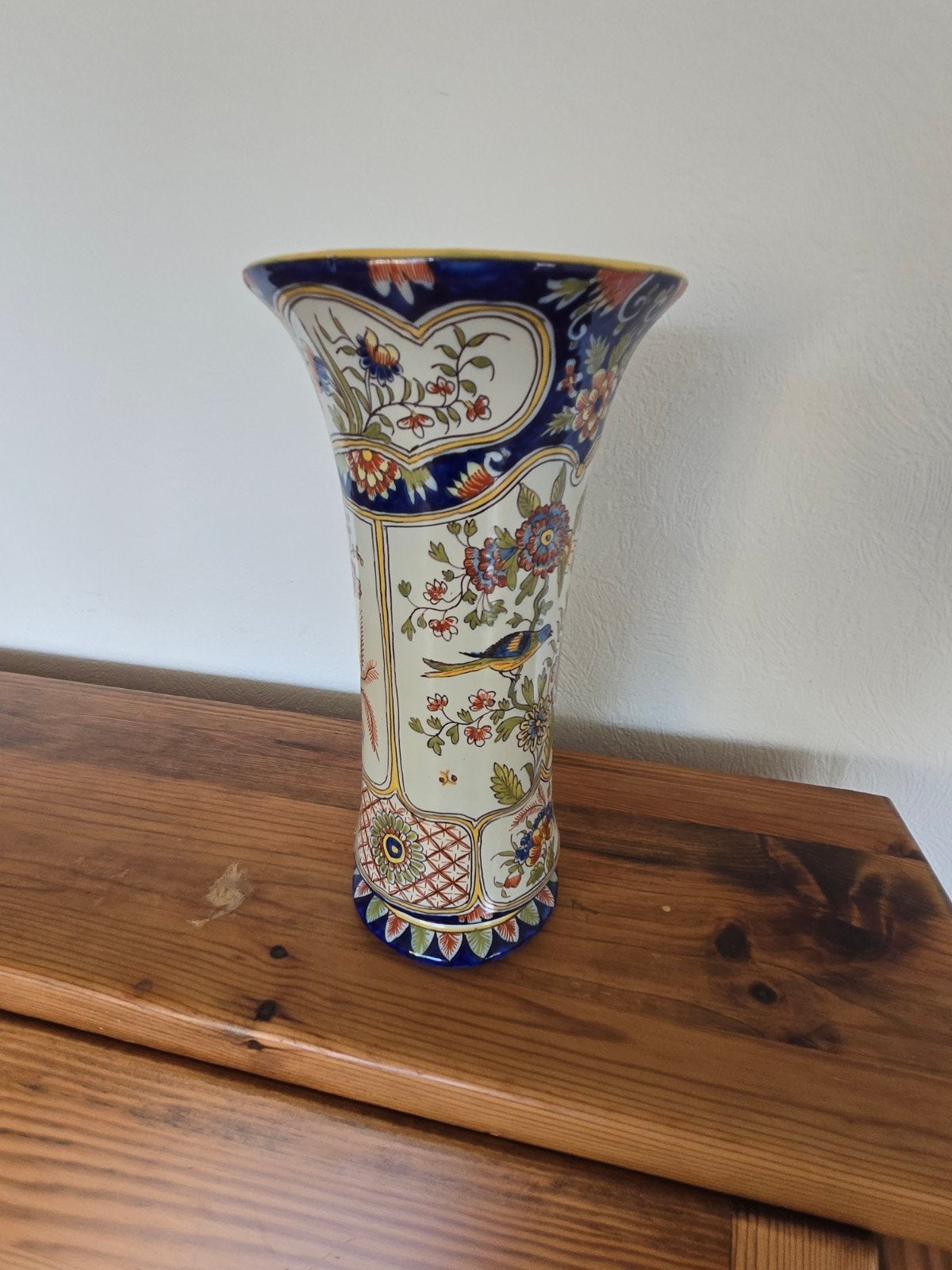 Prachtige Delfts Blauw polychrome vaas met vogeldecor, Ophalen