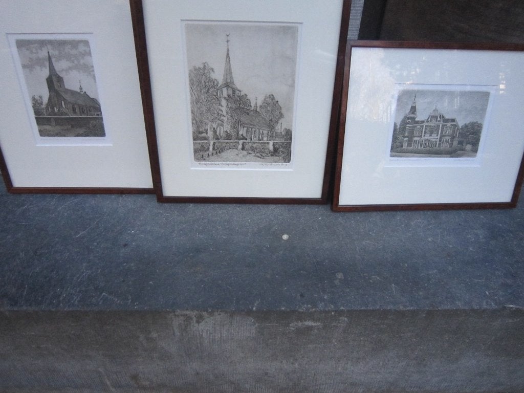 HILLEGERSBERG, 3 Mooie etsen, van Raadhuis en kerk, Antiek en Kunst, Kunst | Etsen en Gravures, Ophalen, Ets
