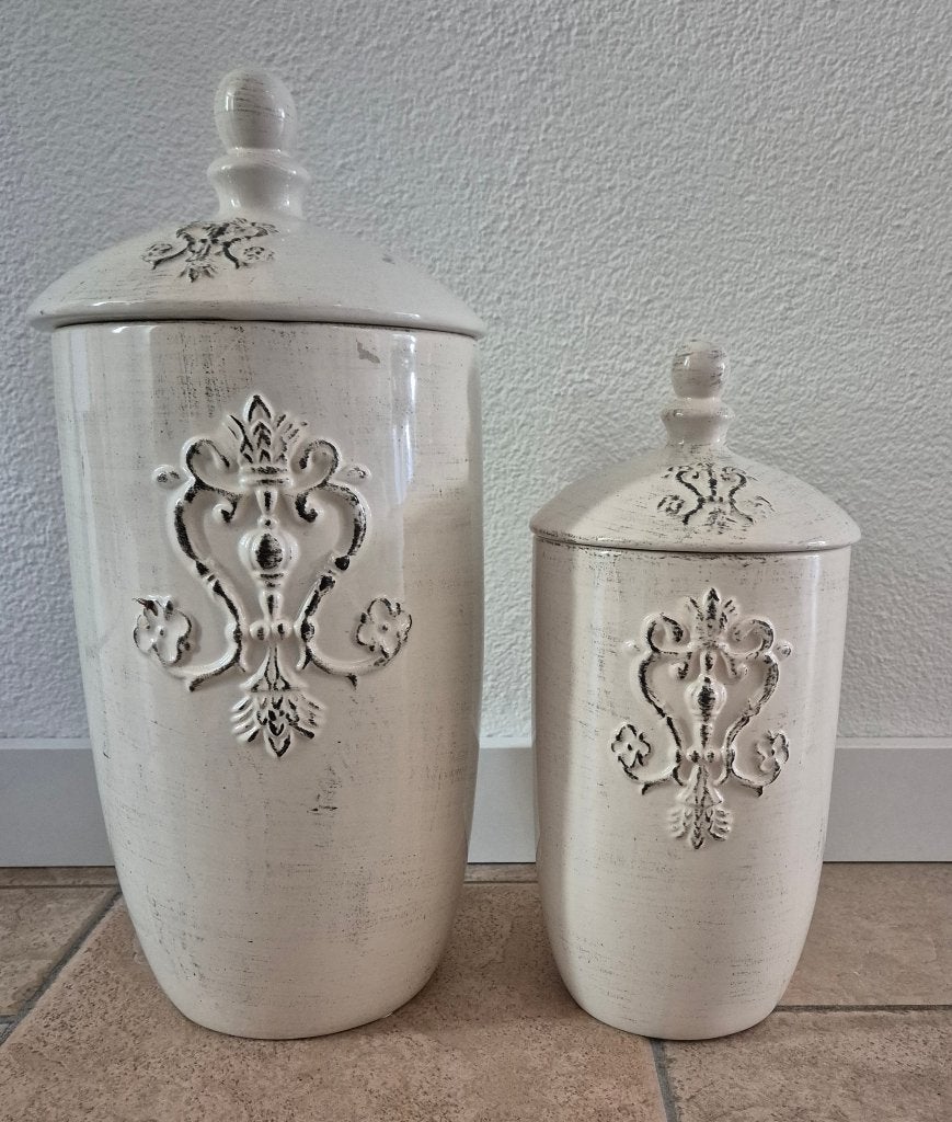 2 grote aardewerk potten met deksel, set Vintage, Ophalen, Brocante, Beige, Zo goed als nieuw