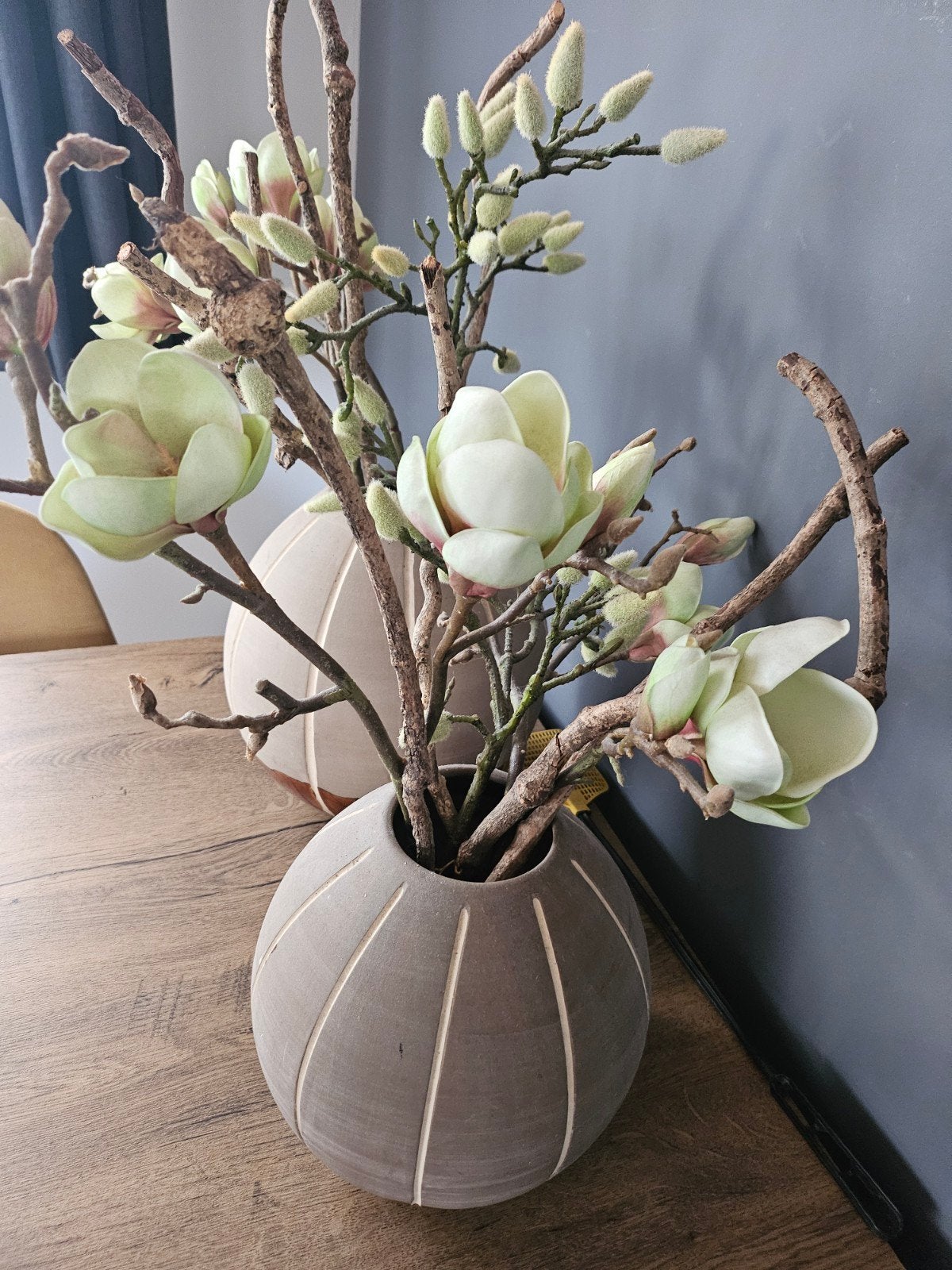 Set aardewerk potten met kunst magnolia takken, Ophalen, Beige, Steen/keramiek, Met patroon/structuur