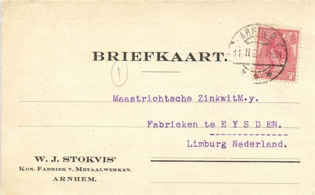 W.J. Stokvis, Arnhem - 02.1921 - briefkaart, Ophalen of Verzenden, Briefkaart