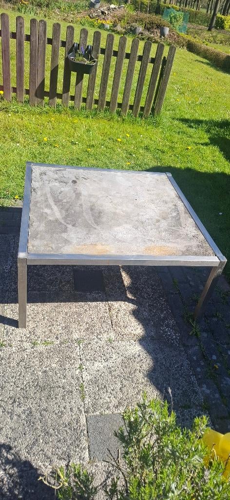 Rvs tuintafel met natuursteen blad, Tuin en Terras, Ophalen, Gebruikt, Vierkant, Rvs