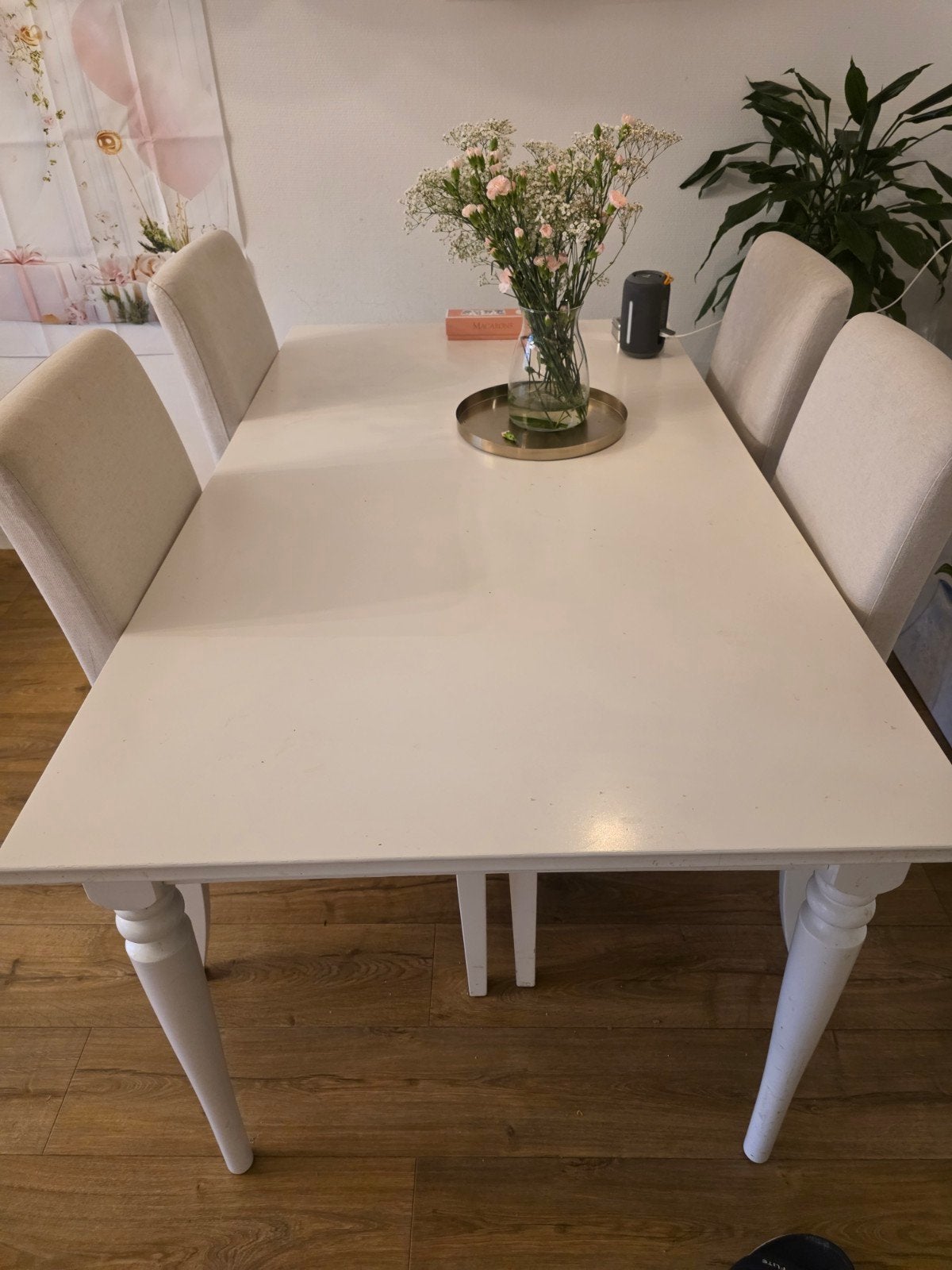 Ikea Ingatorp uitschuifbare eettafel met 6 stoelen, Ophalen of Verzenden, Gebruikt, Rechthoekig, 100 tot 150 cm