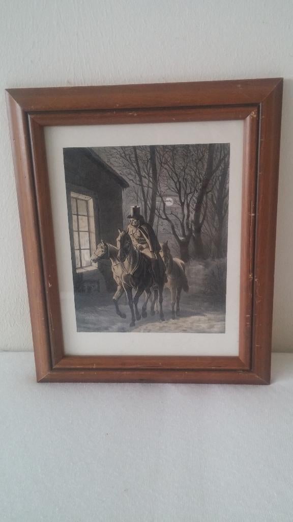Antieke litho uit 1851. Nachtwacht in de sneeuw., Antiek en Kunst, Ophalen of Verzenden