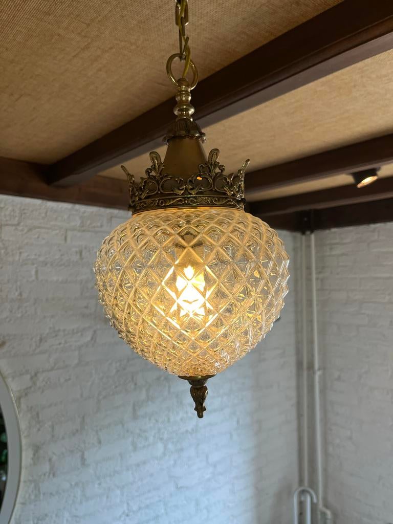 Antieke Hanglamp met Diamantpatroon Glas en Kroon Details, Ophalen of Verzenden