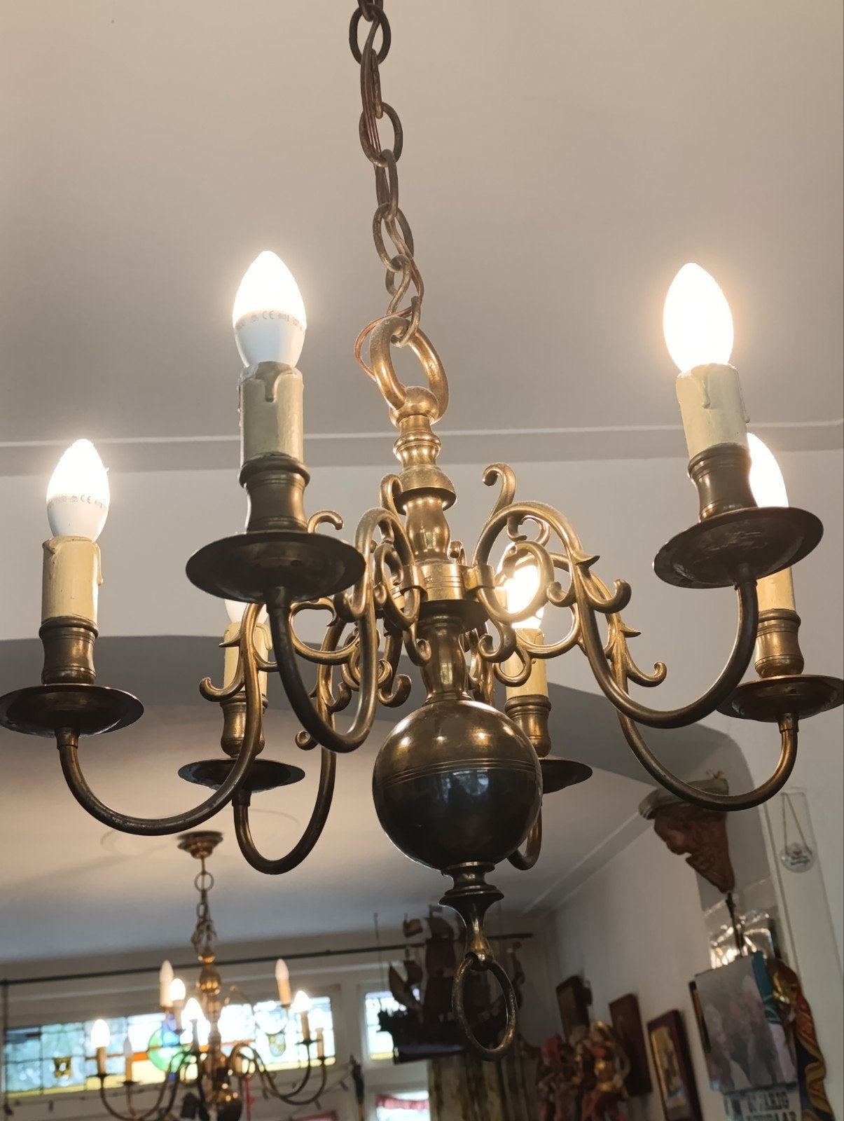 Antieke Messing Kroonluchter met 6 Lichtpunten, Ophalen