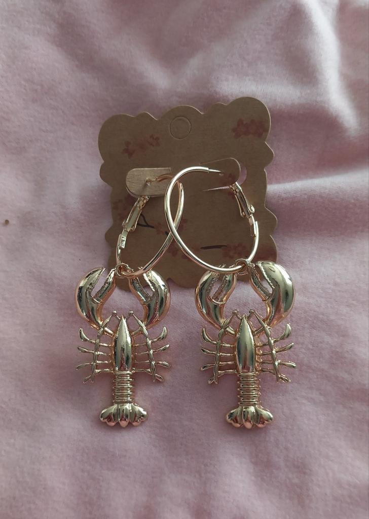 Gouden Kreeft oorbellen aan ring, Overige materialen, Hangers, Nieuw, Ophalen of Verzenden