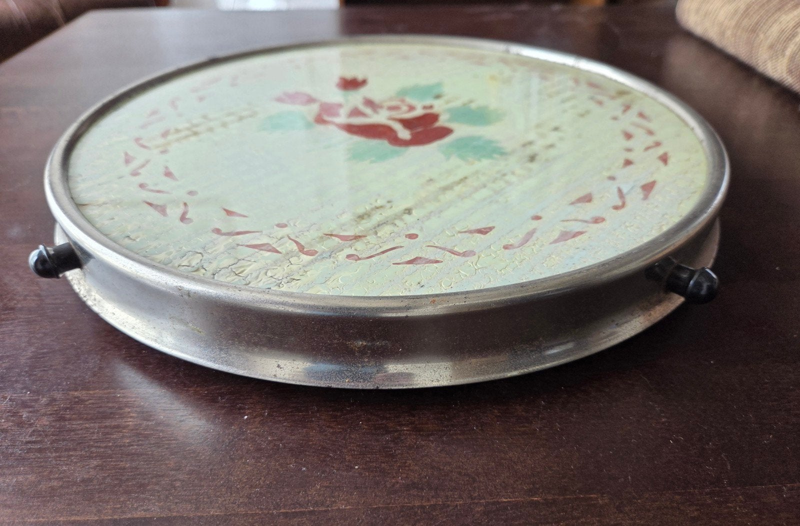 Brocante draaibaar taartplateau met rozenmotief jaren '50, Ophalen of Verzenden