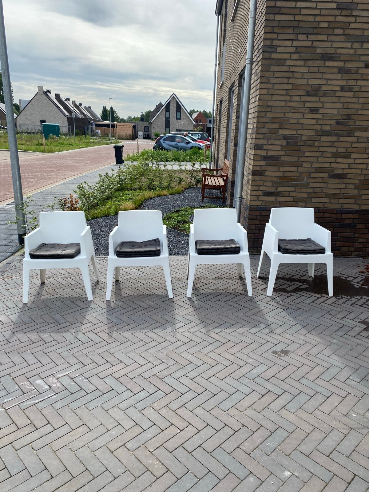 8x Stapelbare Box Tuinstoelen Wit - Kunststof, Tuin en Terras, Tuinstoelen, Ophalen, Gebruikt, Kunststof, Stapelbaar