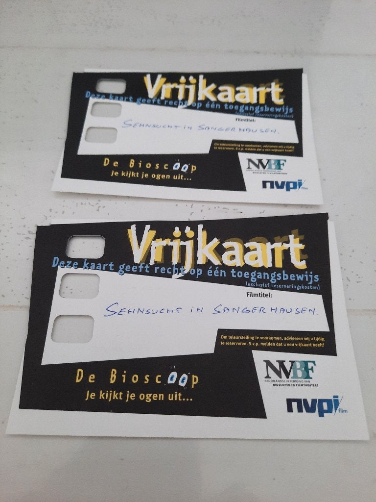 2 filmkaartjes / bioscoop tickets Sehnsucht in Sangerhausen, Twee personen, Romantiek, Vrijkaartje specifieke film