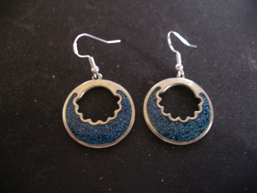 Een paar Oude Lange Alpaca Oorbellen met Turquoise Emaille, Sieraden, Tassen en Uiterlijk, Antieke sieraden, Verzenden, Zilver
