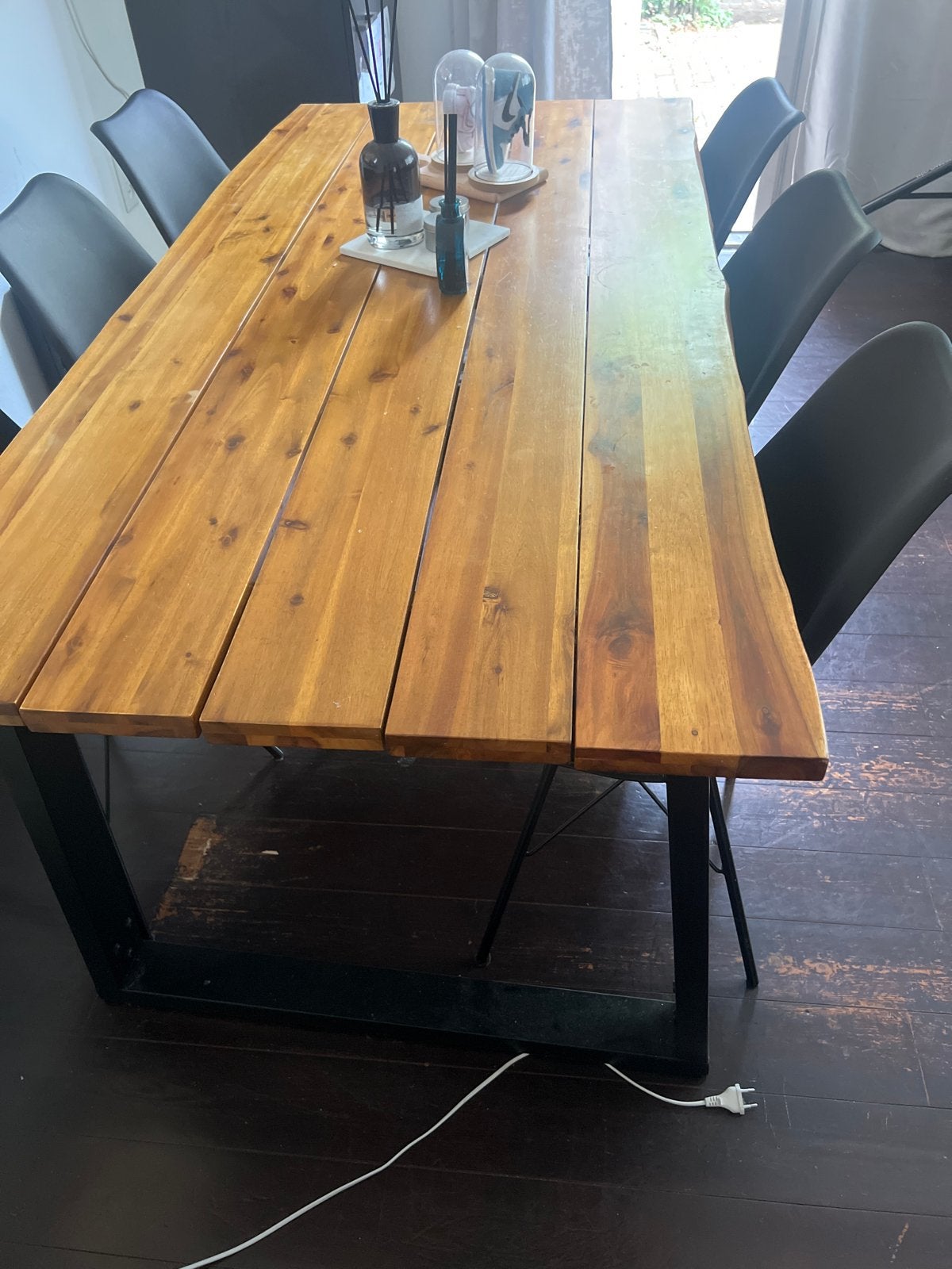 Eettafel met metalen poten - 85x180 cm + 6 stoelen, Huis en Inrichting, Tafels | Eettafels, Ophalen, Gebruikt, 50 tot 100 cm, 150 tot 200 cm