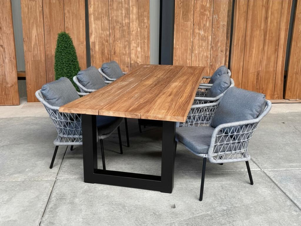 Tuinset | dining | boomstam teak 250cm incl 6 Nova grijs, Tuin en Terras, Ophalen, 6 zitplaatsen, Teakhout, Nieuw