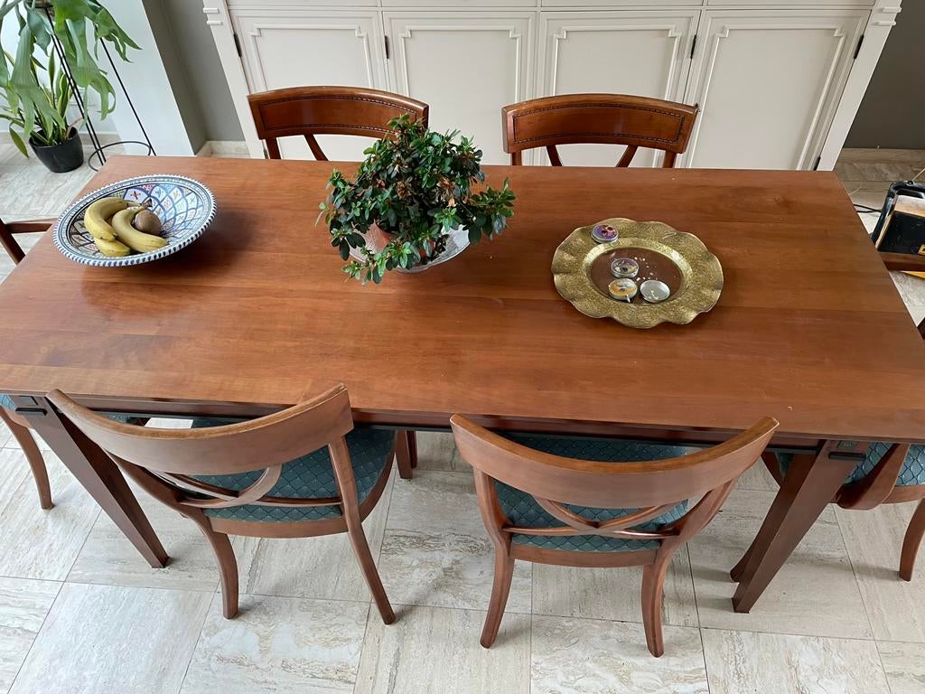 Houten (kersen) tafel met 6 stoelen, Ophalen of Verzenden, Gebruikt, 4 tot 6 stoelen