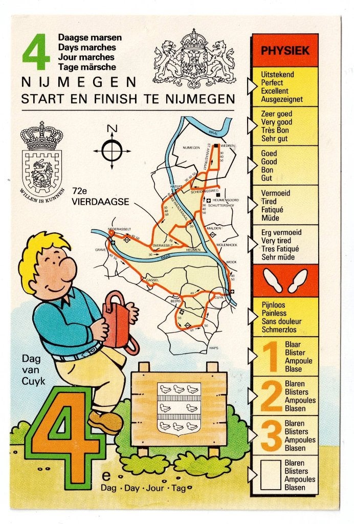 Nijmegen–Kaart Vierdaagse 1988-vierde dag. Gelopen Elst 1988, Ophalen of Verzenden, 1980 tot heden, Gelopen, Sport en Spel