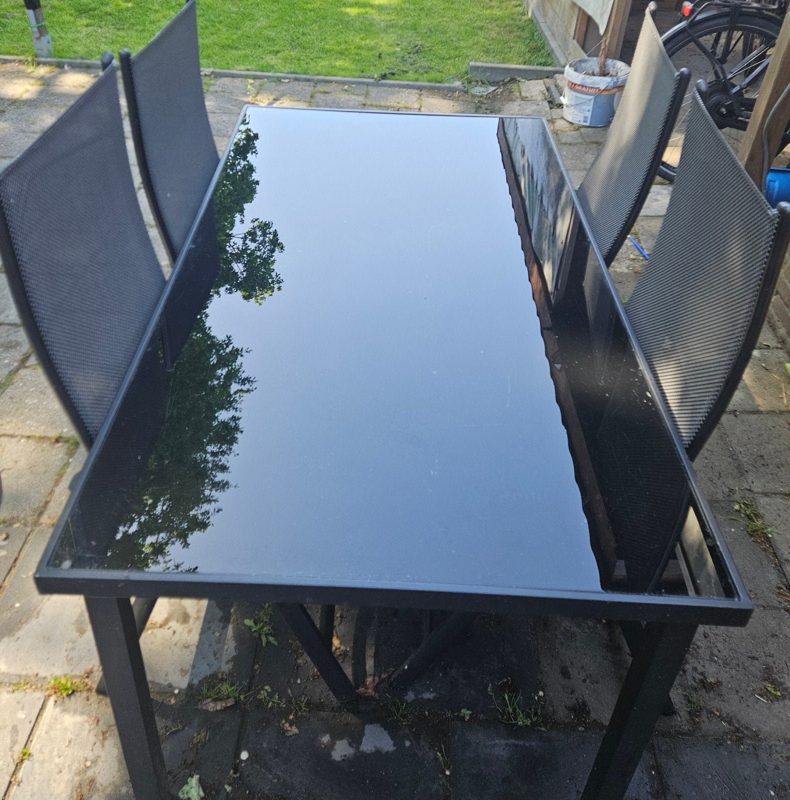 Tuinset Sombrero met 4 stoelen en glazen tafel, Gebruikt, Ophalen of Verzenden, Tuinset, Eettafel