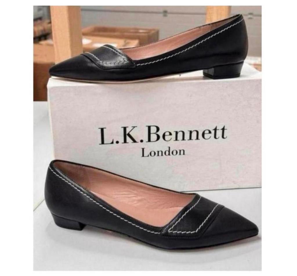 LK Bennett Polly Leather Contrast Stitch Flats schoen hak 37, Schoenen met lage hakken, Zwart, Nieuw, Ophalen of Verzenden