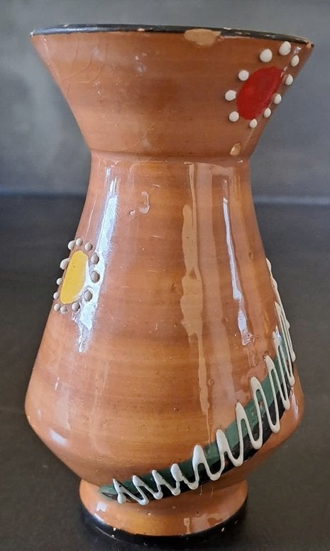 Decoratieve aardewerken vaasje met kleurrijke accenten, Ophalen of Verzenden