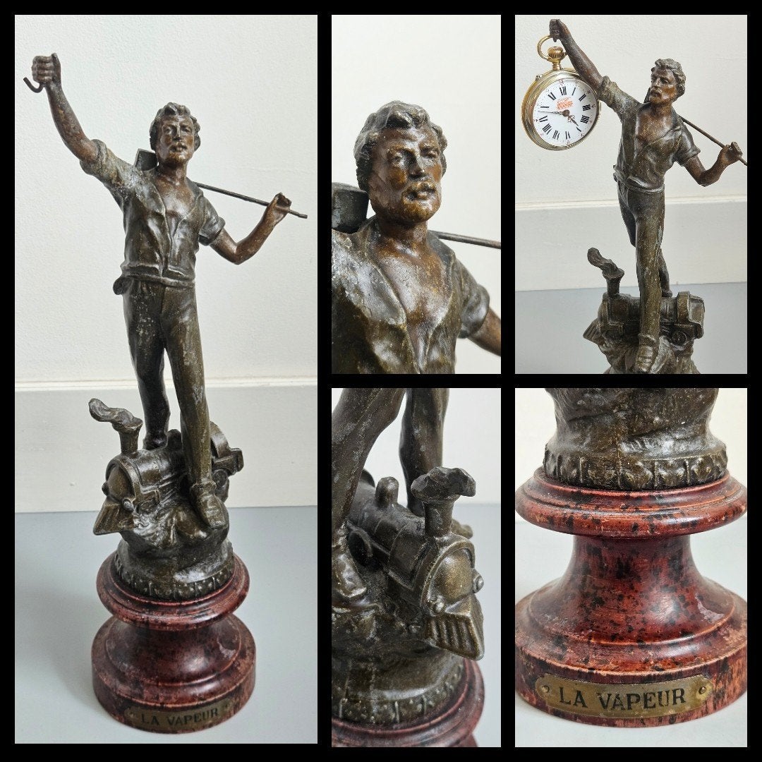 Frankrijk,  zamac sculptuur "La Vapeur" met stoomlocomotief, Antiek en Kunst, Ophalen of Verzenden