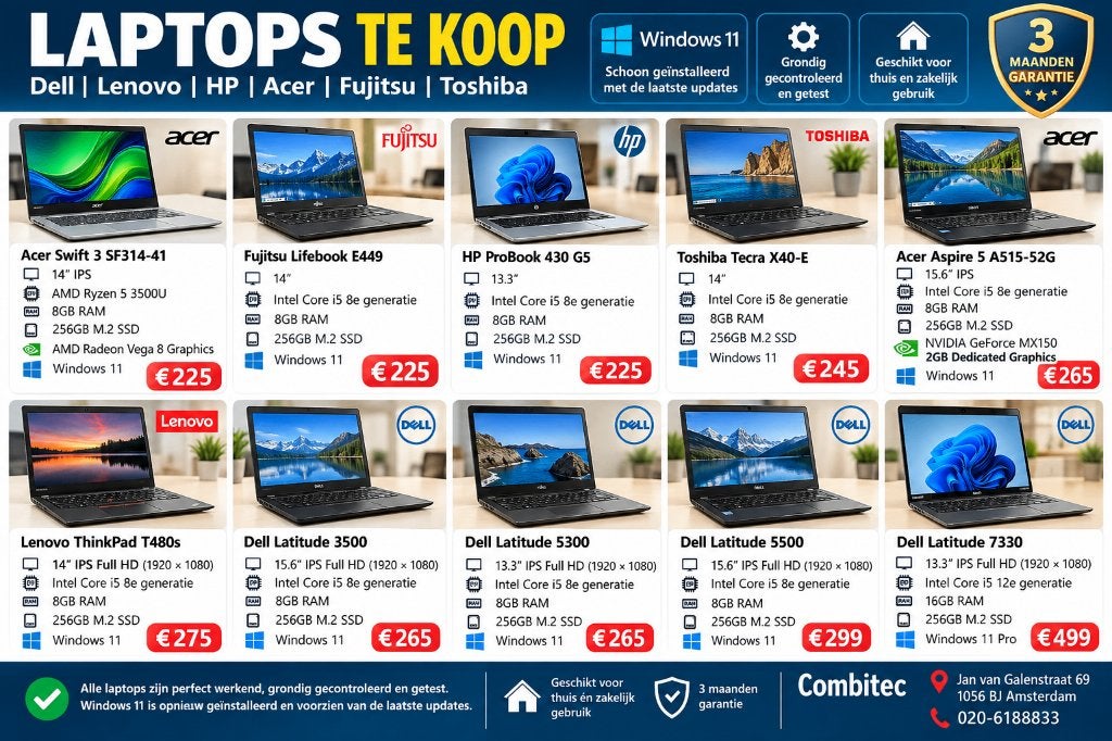 Laptops te koop | Dell Lenovo HP Acer | Windows 11+ Garantie, Computers en Software, 256 GB, Met videokaart, 2 tot 3 Ghz, Info@dell.com