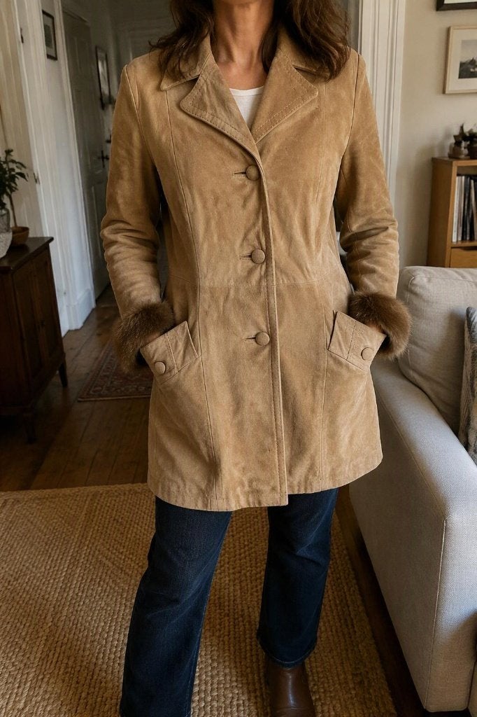 Vintage Suède Leren Driekwart Jas - Vrouwen - Maat 42 (L), Kleding | Dames, Real Leather, Bruin, Maat 42/44 (L), Ophalen of Verzenden