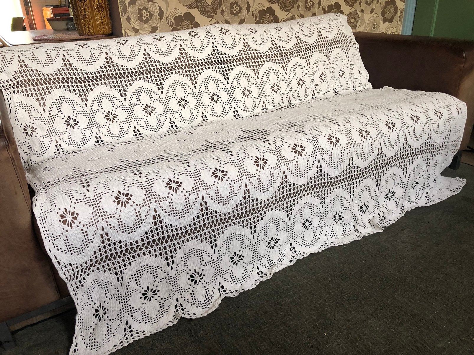 Prachtige vintage gehaakte sprei, retro, bloemen, créme, Ophalen of Verzenden