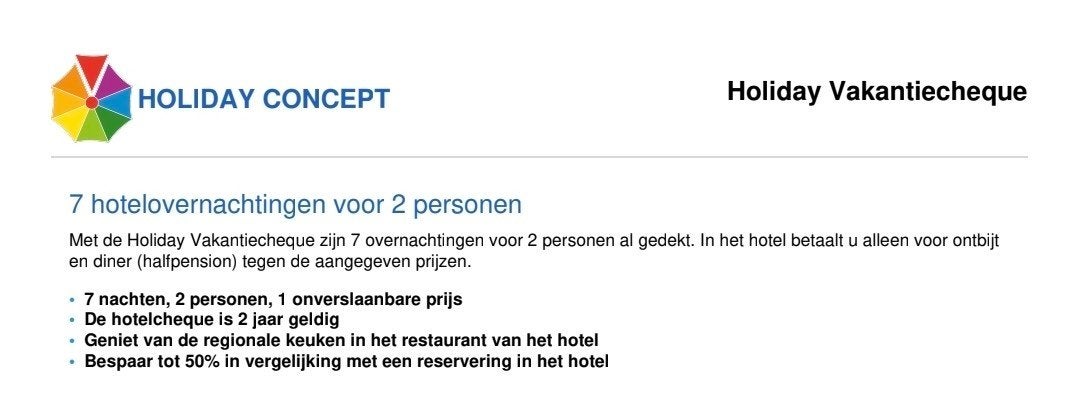 Holiday Hotelcheque – 7 nachten voor 2 personen – €45, Twee personen