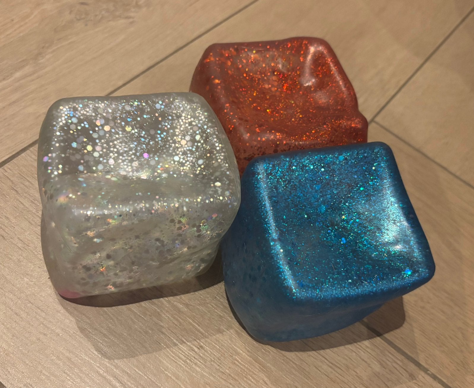 Rood Zilveren Blauwe glitter squishy kubus, Ophalen of Verzenden, Zo goed als nieuw