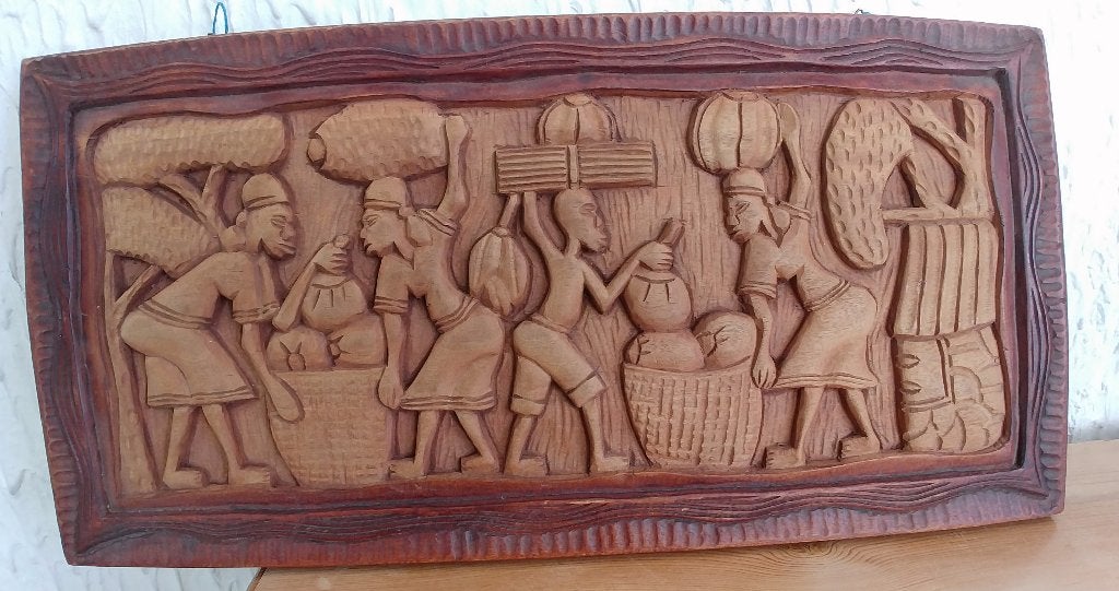 houtsnijwerk plaquette Afrikaans of Caribisch marktafereel, Ophalen of Verzenden