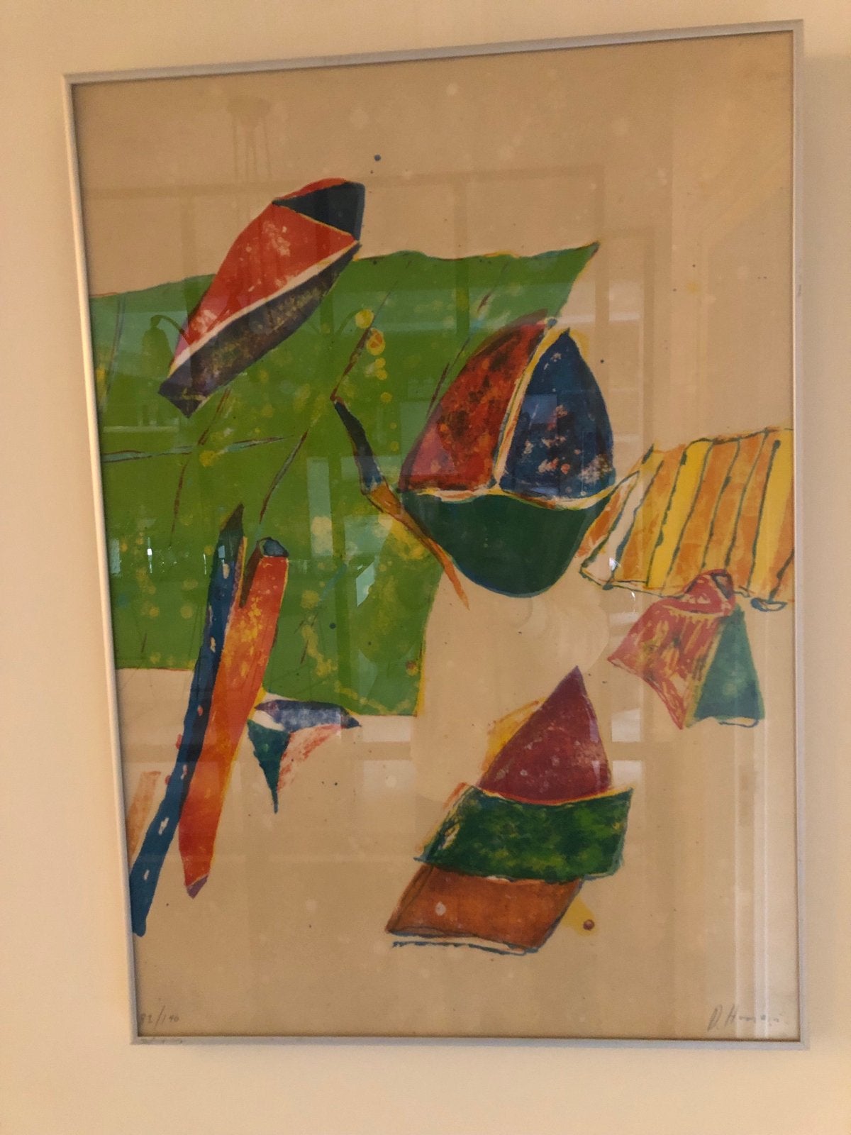 Abstracte zeefdruk 'Boten' van Daniel Humair, gesigneerd, Abstract, Papier/karton, Achter glas, Zeefdruk