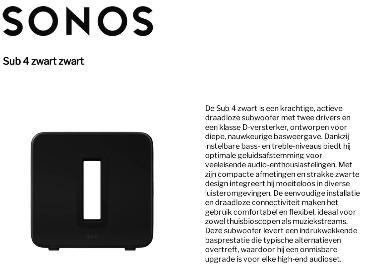 Sonos SUB4 Zwart - Krachtige Draadloze Subwoofer, Ophalen, Subwoofer, WiFi, Zo goed als nieuw