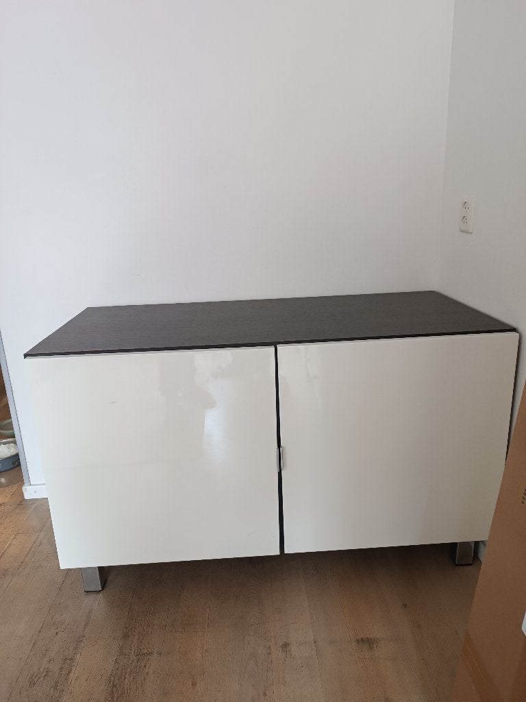 Wit dressoir / opbergkast met zwart blad – 120 cm, Ophalen, Gebruikt, 100 tot 150 cm, 25 tot 50 cm