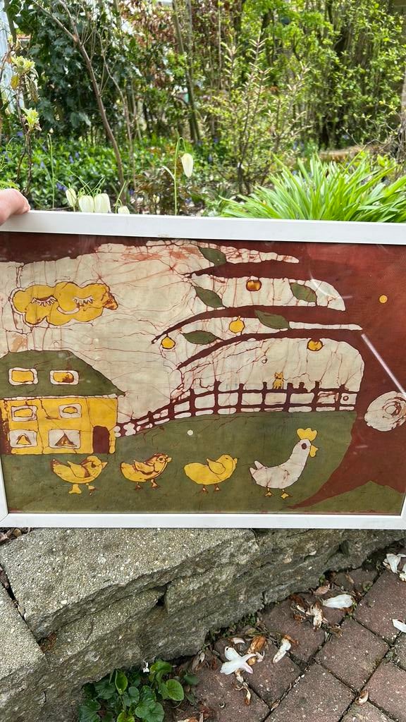 Vintage batik stof schilderij in lijst voorjaar kip kuikens, Huis en Inrichting, Woonaccessoires | Wanddecoraties, Gebruikt, Ophalen of Verzenden