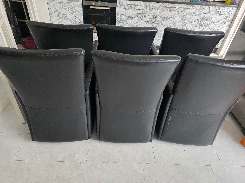 6 zwart leer Eetkamerstoelen op wielen, Ophalen, Gebruikt, Zwart, Leer