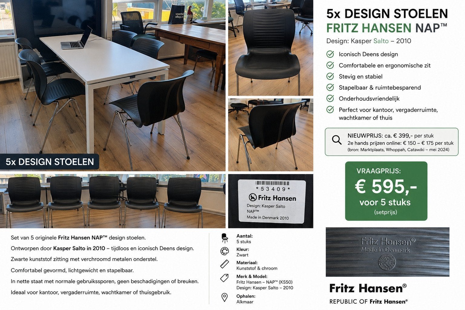 5x Fritz Hansen NAP design stoelen - Kasper Salto, Huis en Inrichting, Stoelen, Ophalen, Gebruikt, Zwart, Deens design, modern, tijdloos