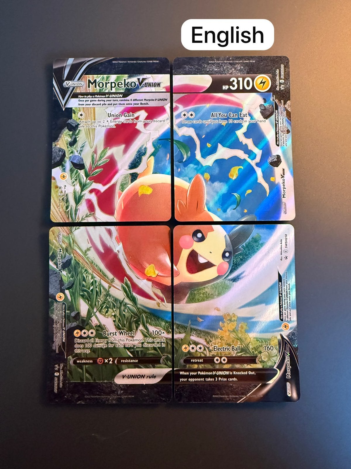 Pokémon - Morpeko V-UNION (215, 216, 217 & 218) SWSH, Ophalen of Verzenden, Zo goed als nieuw, Meerdere kaarten, Foil