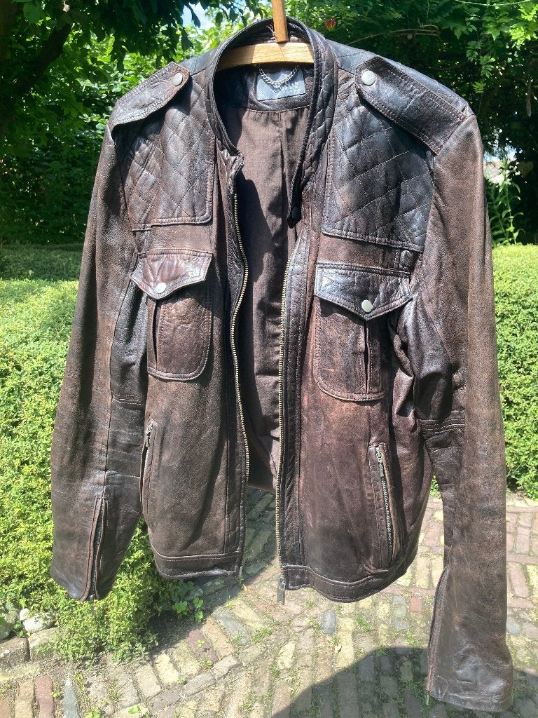 Bruin leren soepel jasje jack met zes zakjes maat 42 XL, Ophalen of Verzenden, Gedragen, Maat 52/54 (L), Bruin